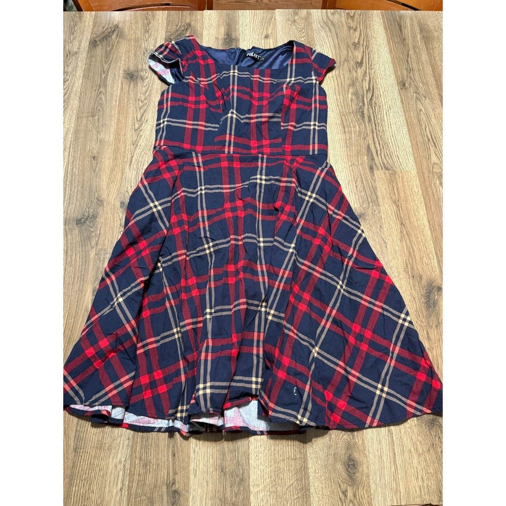 Pukavt Dress Women's Large Red Blue Orange Plaid Short Sleeve Zip up Back